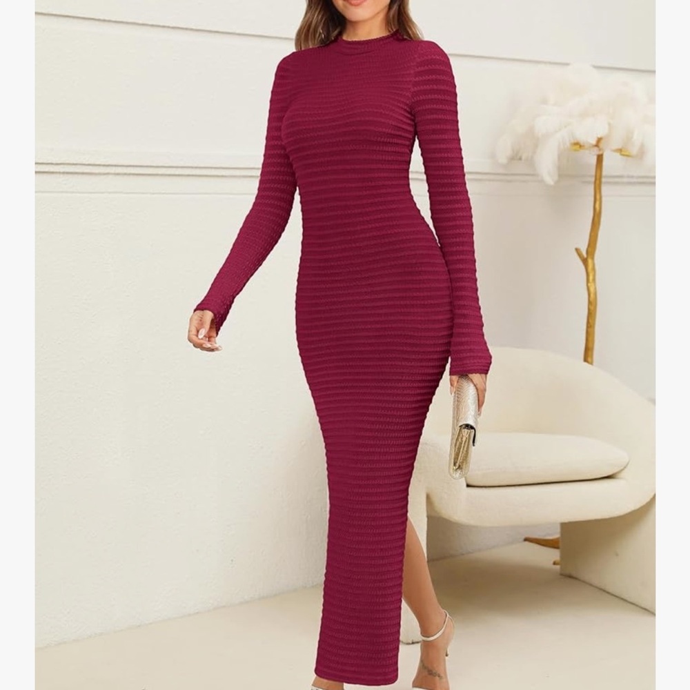 Elegant Burgundy Ribbed Knit sweater Dress
